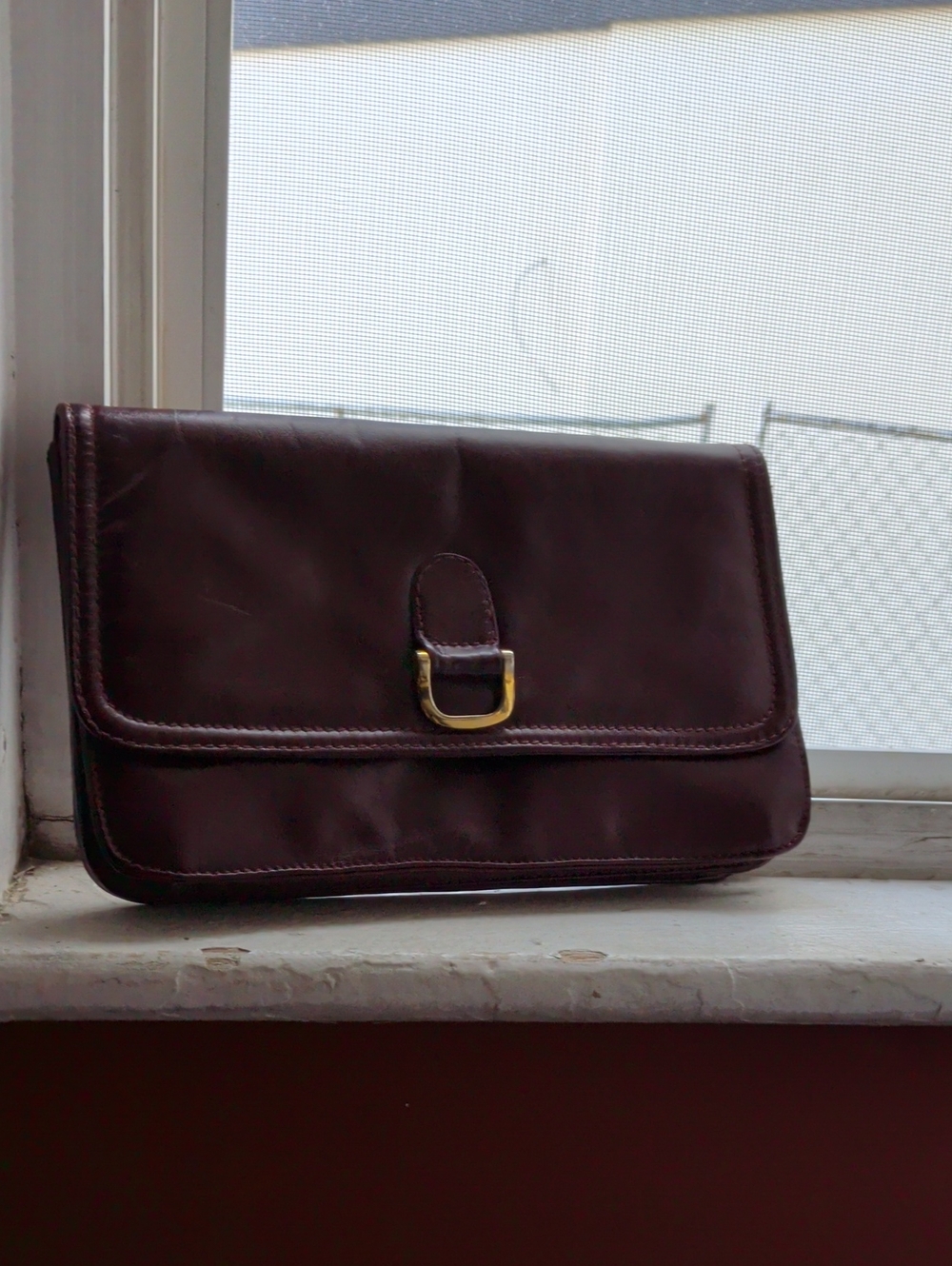 Pappagallo Dark Brown Leather Clutch with Gold Buckle